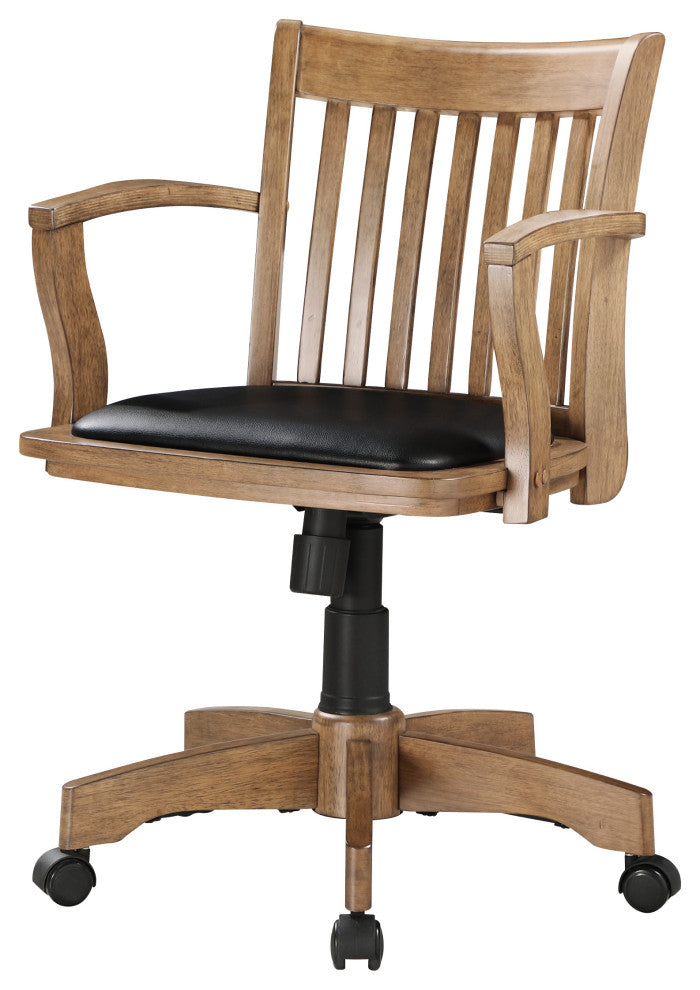 Deluxe Wood Bankers Chair with Black Vinyl Padded Seat in Fruit Brown Wood