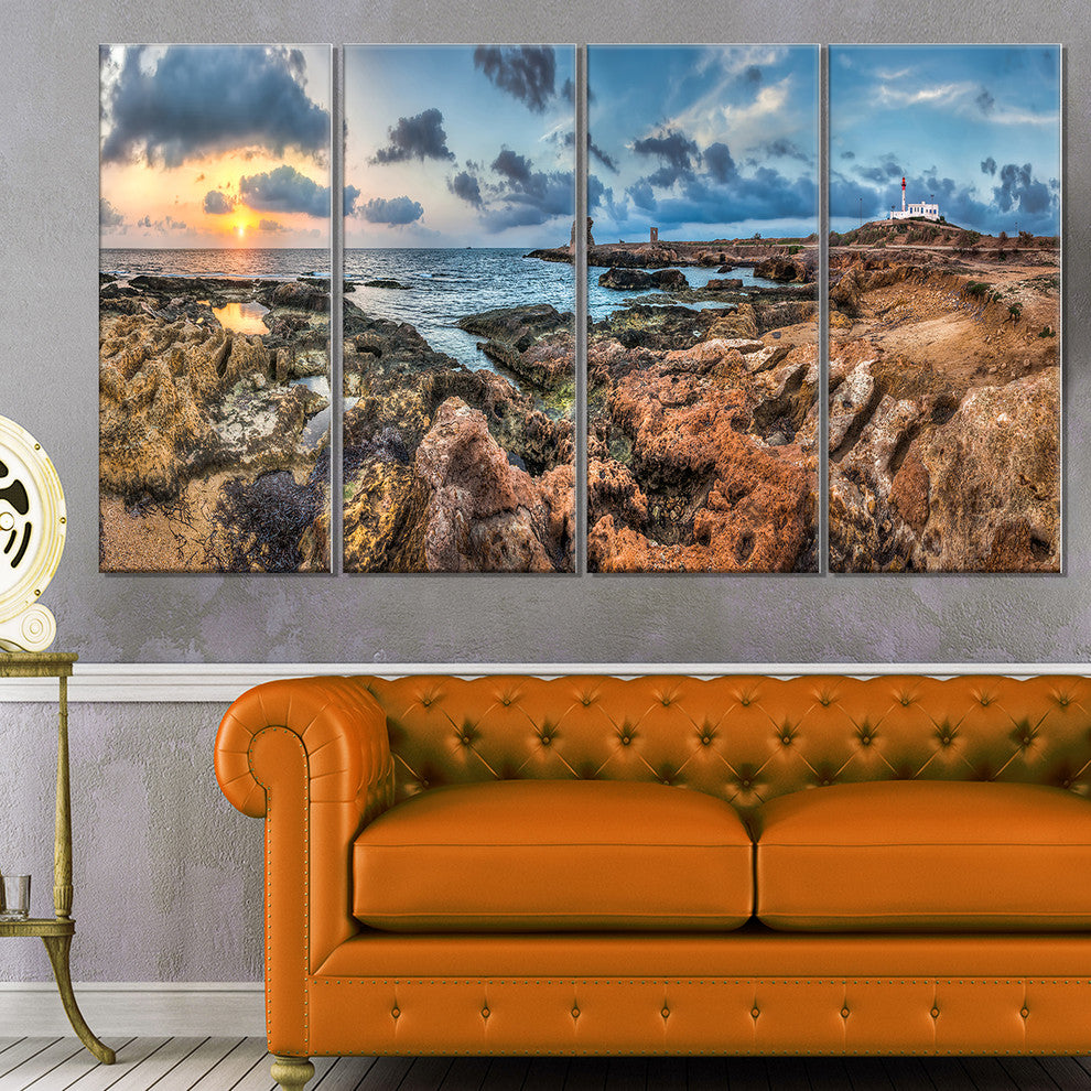 "Blue Sky Over Rough Rocky Coast" Seashore Wall Art, 4 Panels, 48"x28"