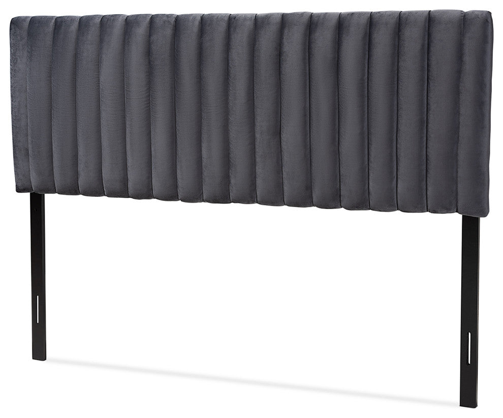 Gray Velvet Fabric Upholstered and Dark Brown Finished Wood King Size Headboard