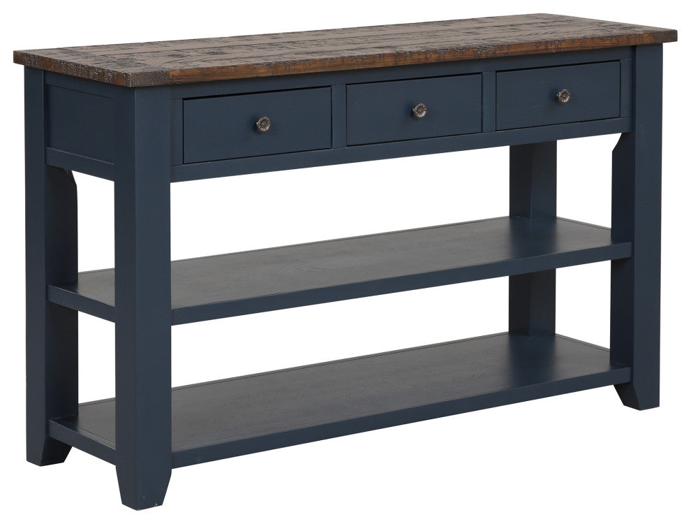 TATEUS 48" Solid Pine Wood Console Table with Storage Drawers, Blue