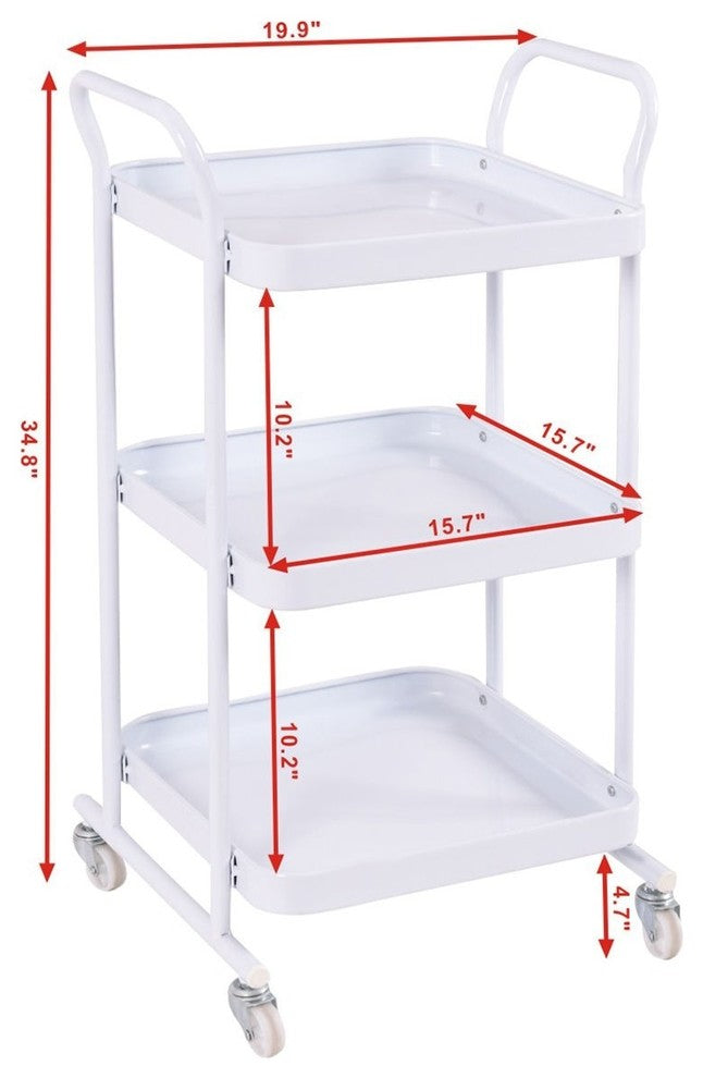 Modern 3-Tier Rolling Kitchen Steel Island Storage Trolley Cart, White