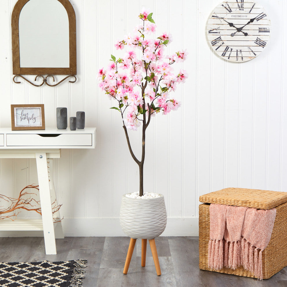 63" Cherry Blossom Artificial Tree, White Planter With Stand