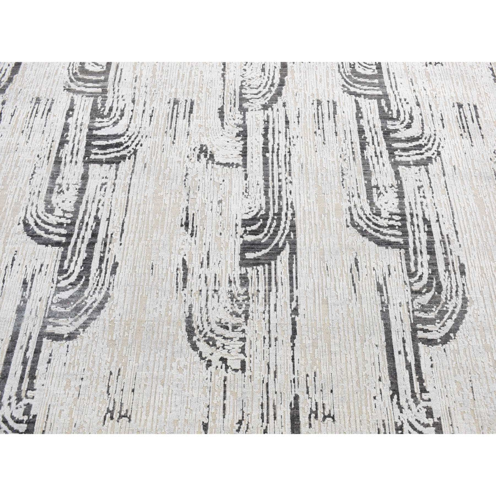 Cloud Gray, The Cane Design, Silk With Wool, Hand Knotted Rug, 10'x14'5"
