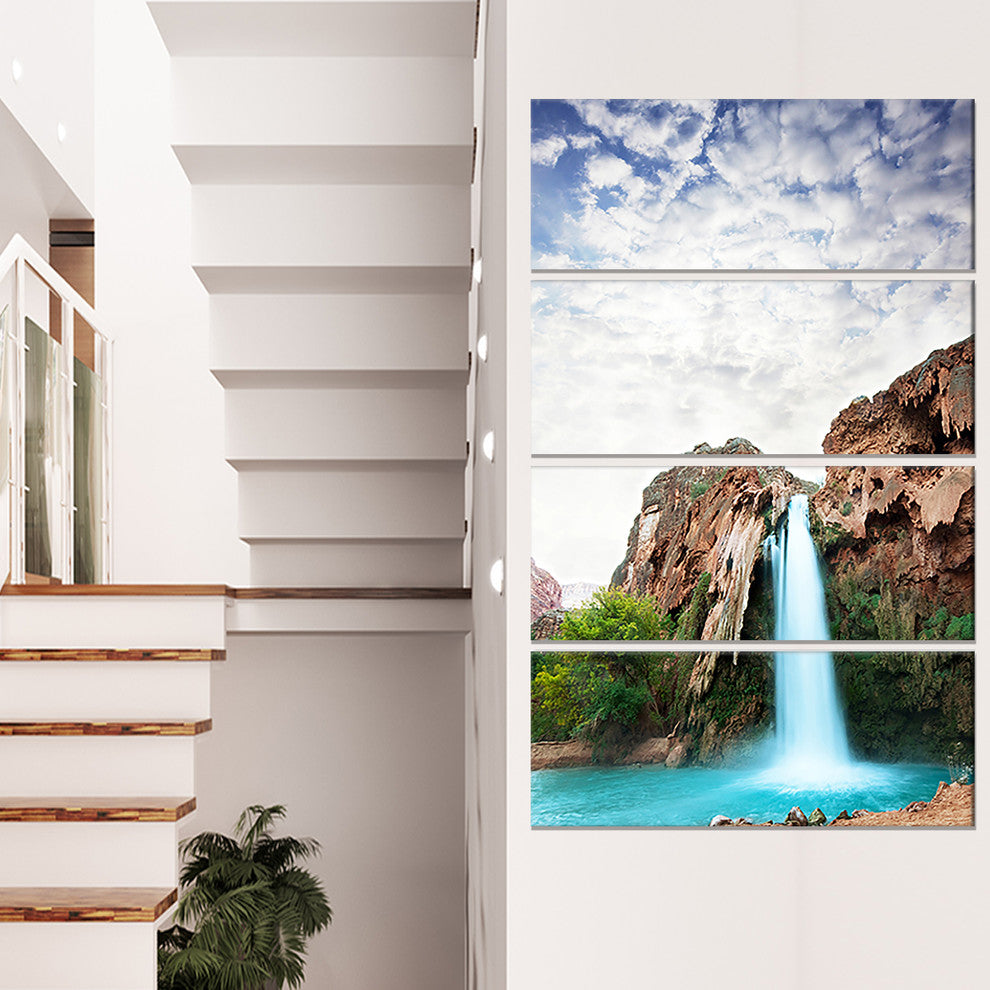 Amazing Waterfall under Cloudy Sky, Landscape Canvas Art, 28"x48", 4 Panels