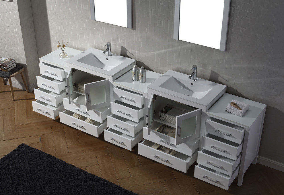 Virtu Dior 110" Double Bathroom Vanity, White, Polished Chrome Faucet, Mirrors