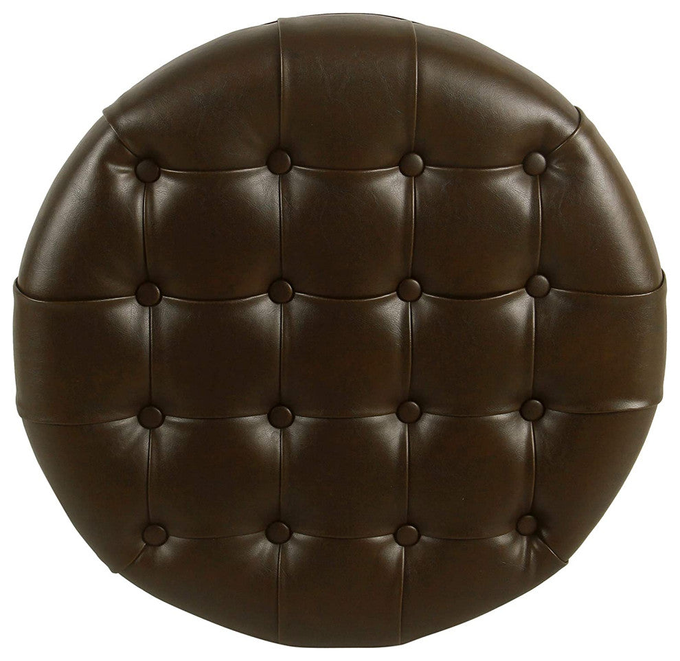 Brown Faux Leather, Large Button Tufted Round Storage Ottoman