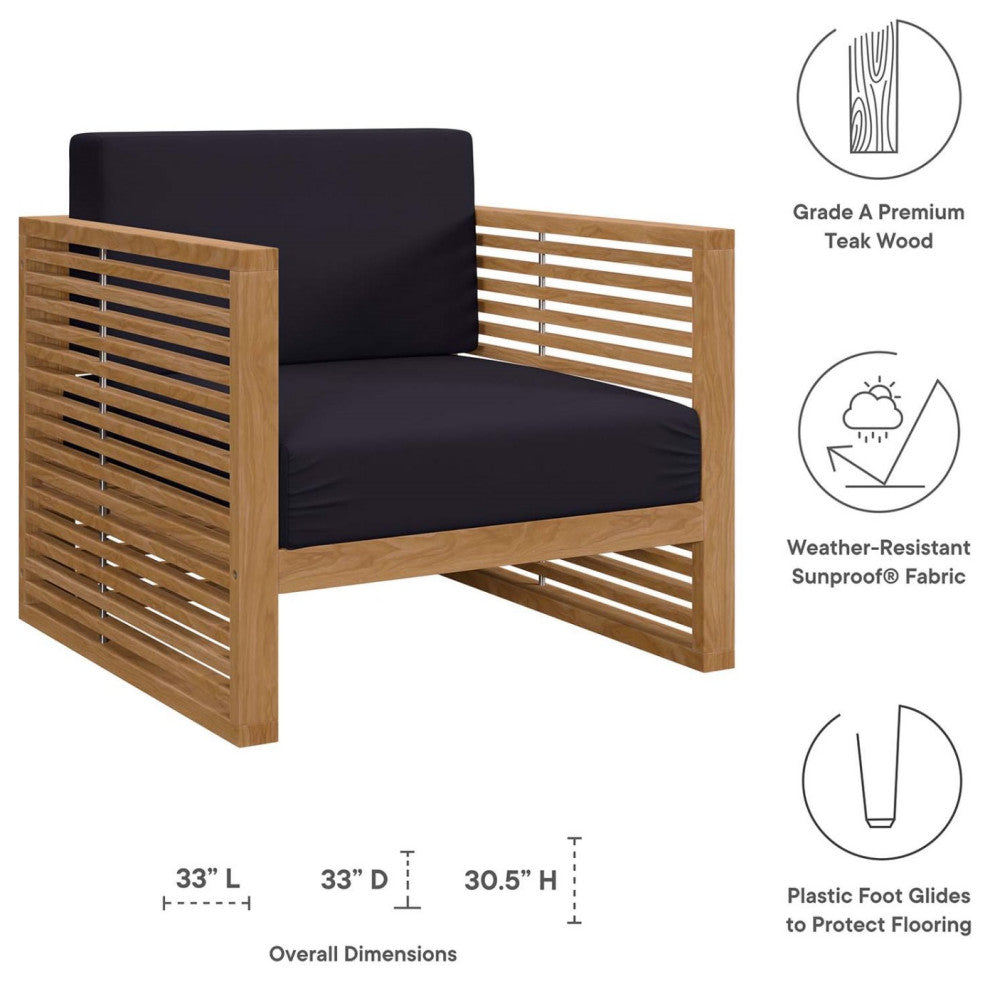 Lounge Chair ArmchairTable Set, Blue Navy Natural, Teak Wood, Outdoor Garden