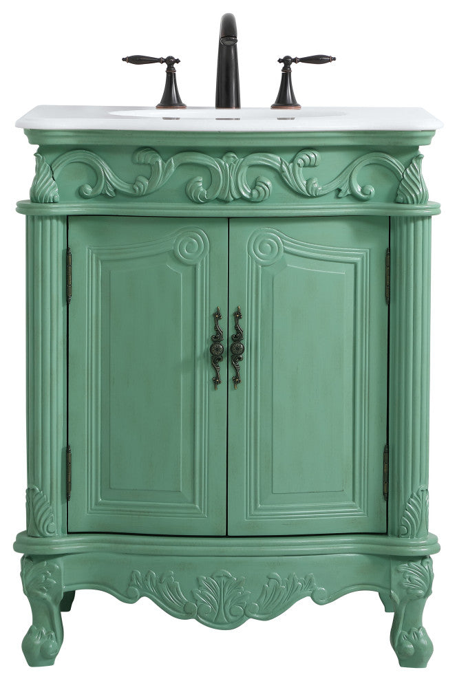 27" Single Bathroom Vanity, Antique Beige With ivory white engineered marble, Vintage Mint, Ivory White Engineered Marble Top