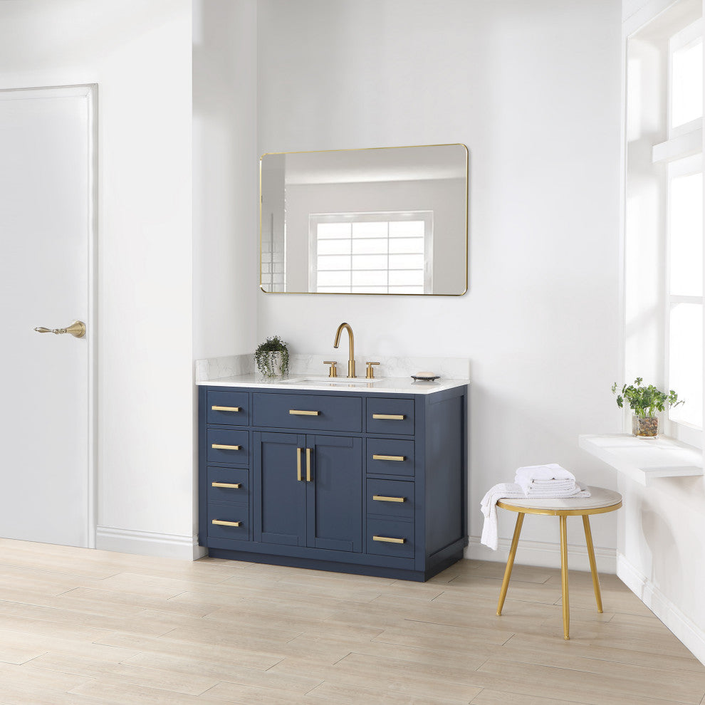 Gavino Vanity With Grain White Composite Stone Top, Royal Blue/Brushed Gold, 48", No Mirror