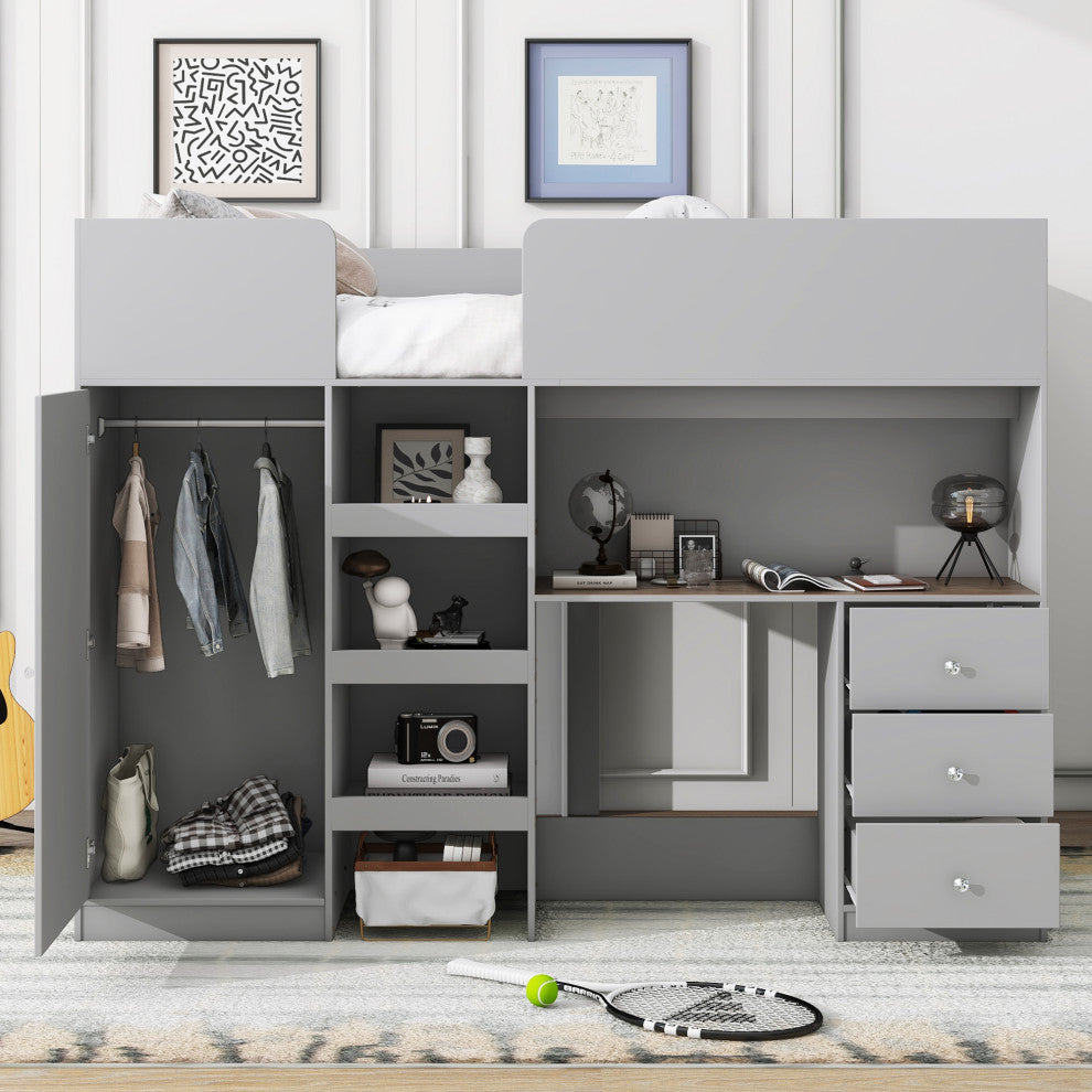 Gewnee Wood Full Size Loft Bed with Built-in Wardrobe