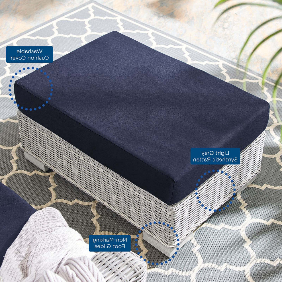 Lounge Chair Ottoman, Sunbrella, Rattan, Wicker, Gray Blue Navy, Outdoor