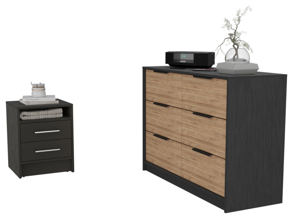 Benson 2-Piece Bedroom Set, Nightstand and Dresser, Black/Light Oak