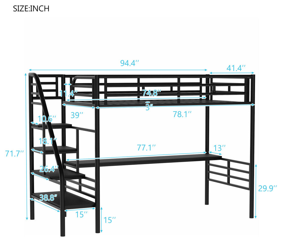 Gewnee Metal Loft Bed Frame with Desk, No Box Spring Needed,Twin,In Black