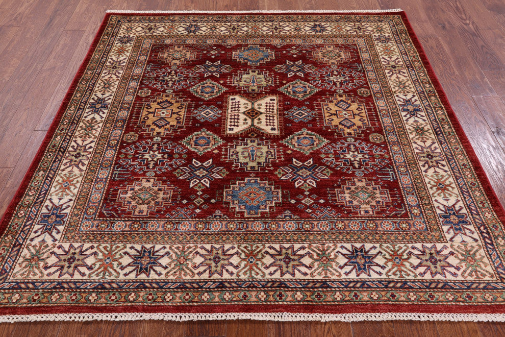6' Square Handmade Super Kazak Wool Rug - Q12943