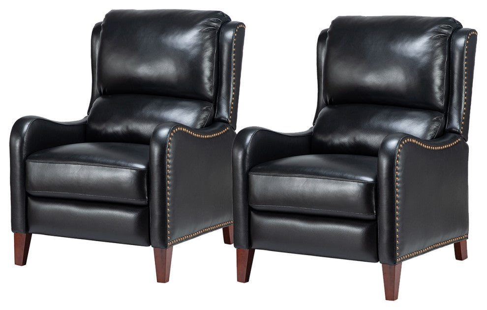 Genuine Leather Recliner With Nailhead Trim Set of 2, Black