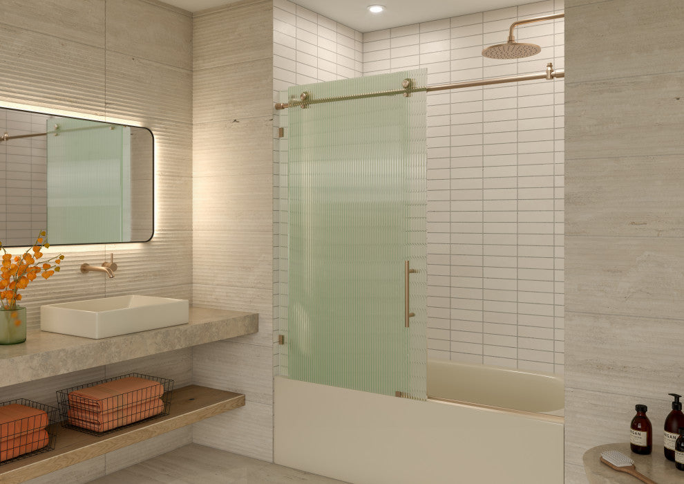 Galaxy 60"x60" Frameless Glass Sliding Bathtub Doors, Brushed Bronze, Right