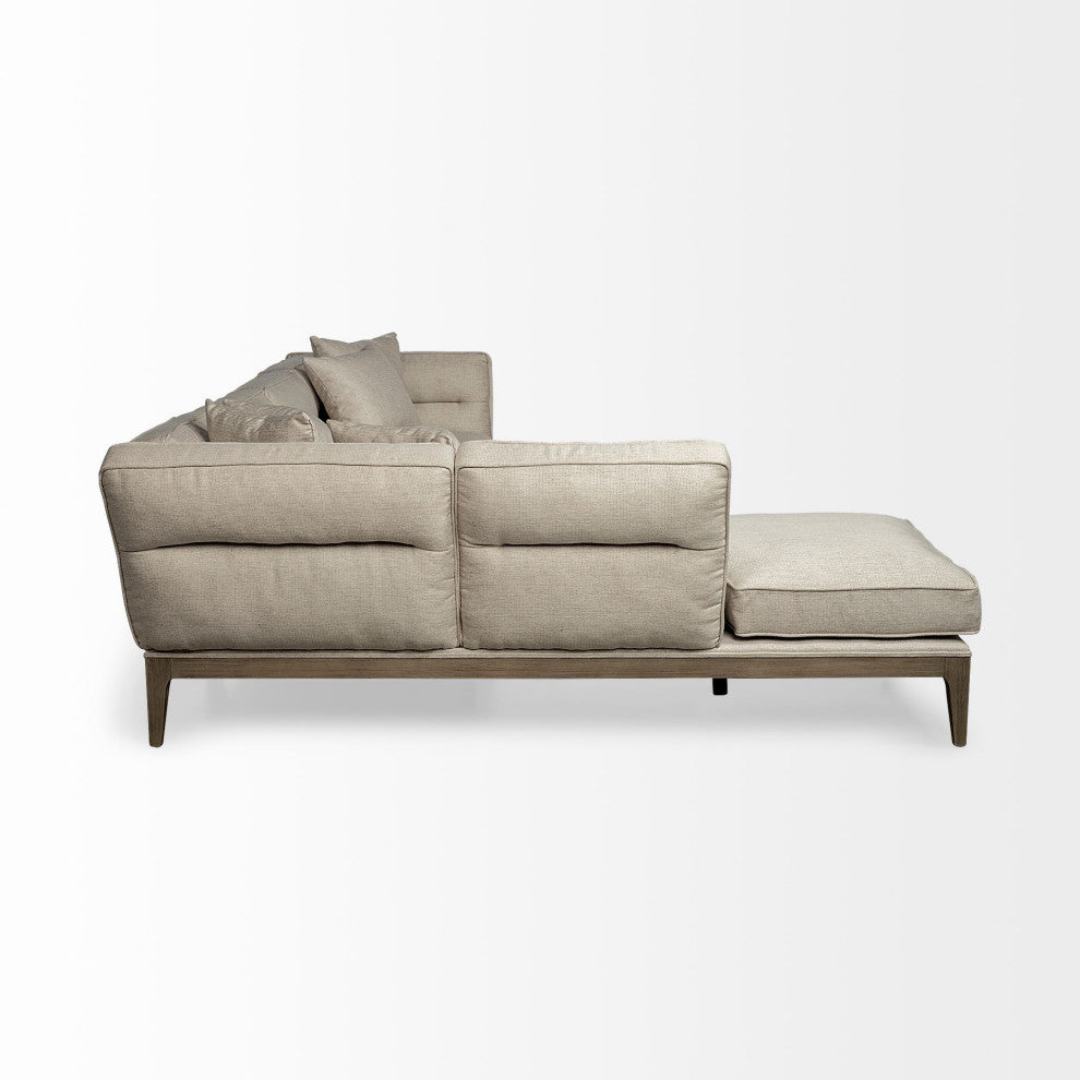 Denali III Beige Fabric, Solid Wood Frame Sectional Sofa, Cream/Brown, Left