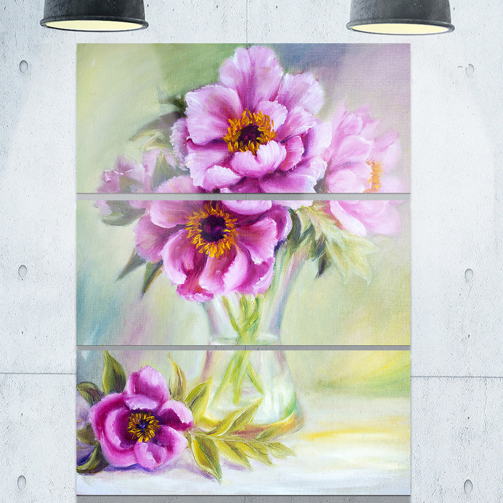 "Purple Peonies in Vase" Glossy Metal Wall Art, 3 Panels, 28"x36"
