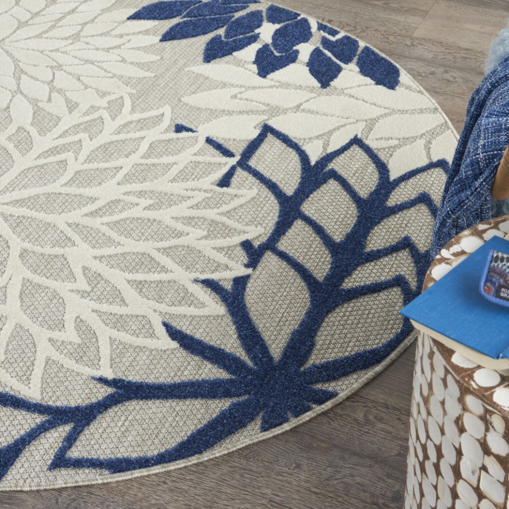 5' Round Ivory And Blue Round Floral Indoor Outdoor Area Rug