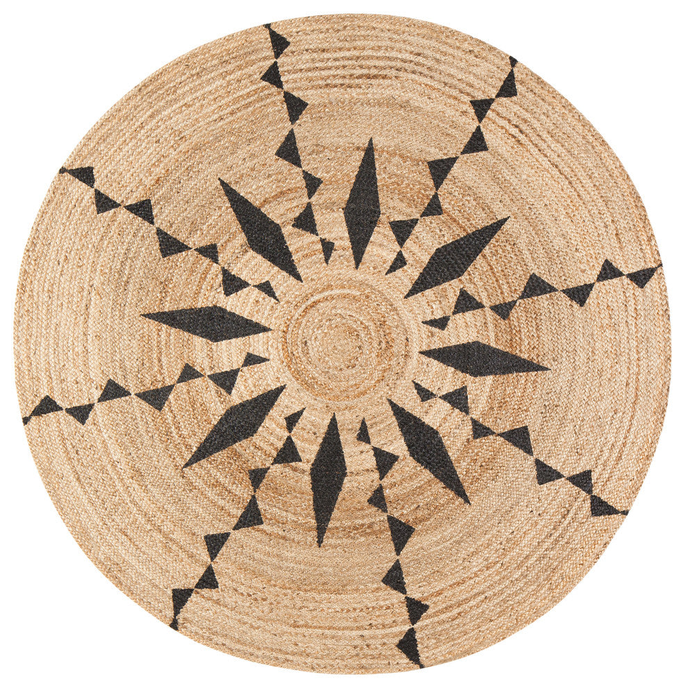 Jute Round Tribal Line Black Print, 6' Round