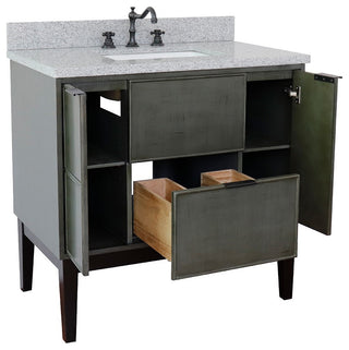37" Single Vanity, Linen Gray Finish With Gray Granite Top And Rectangle Sink