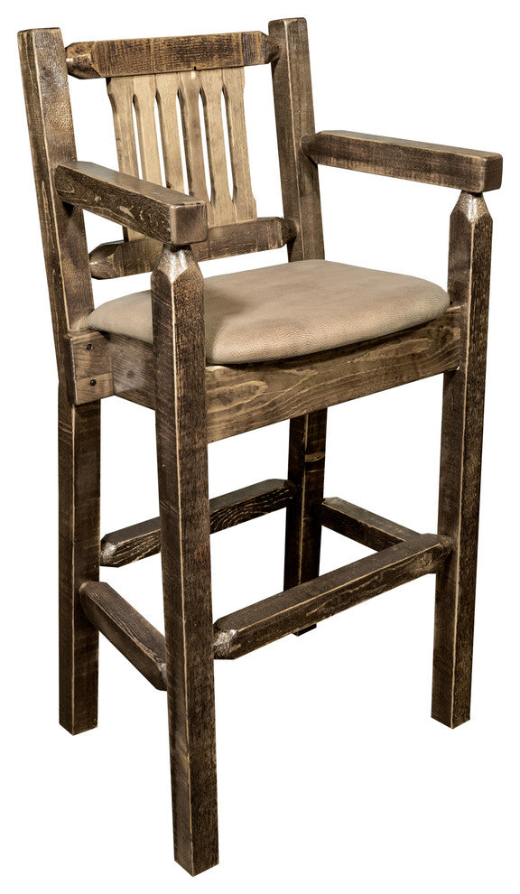 Captain's Barstool, Stain and Lacquer Finish, Upholstered Seat, Buckskin Pattern