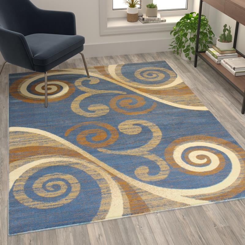 Valli Collection Modern Abstract Pattern Area Rug -Olefin with Jute Backing, Blue, 5' X 7'