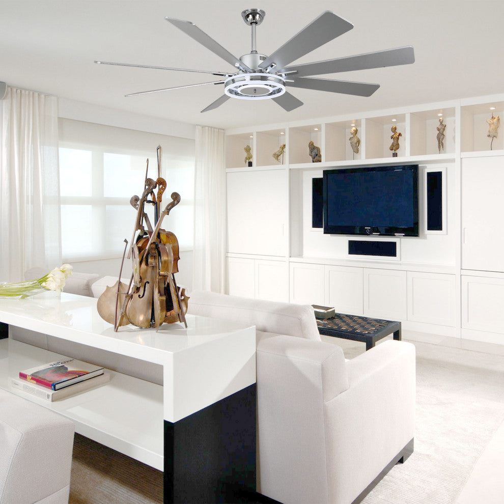 72" Large Ceiling Wood Blade Fan w LED Lights and Remote, Chrome