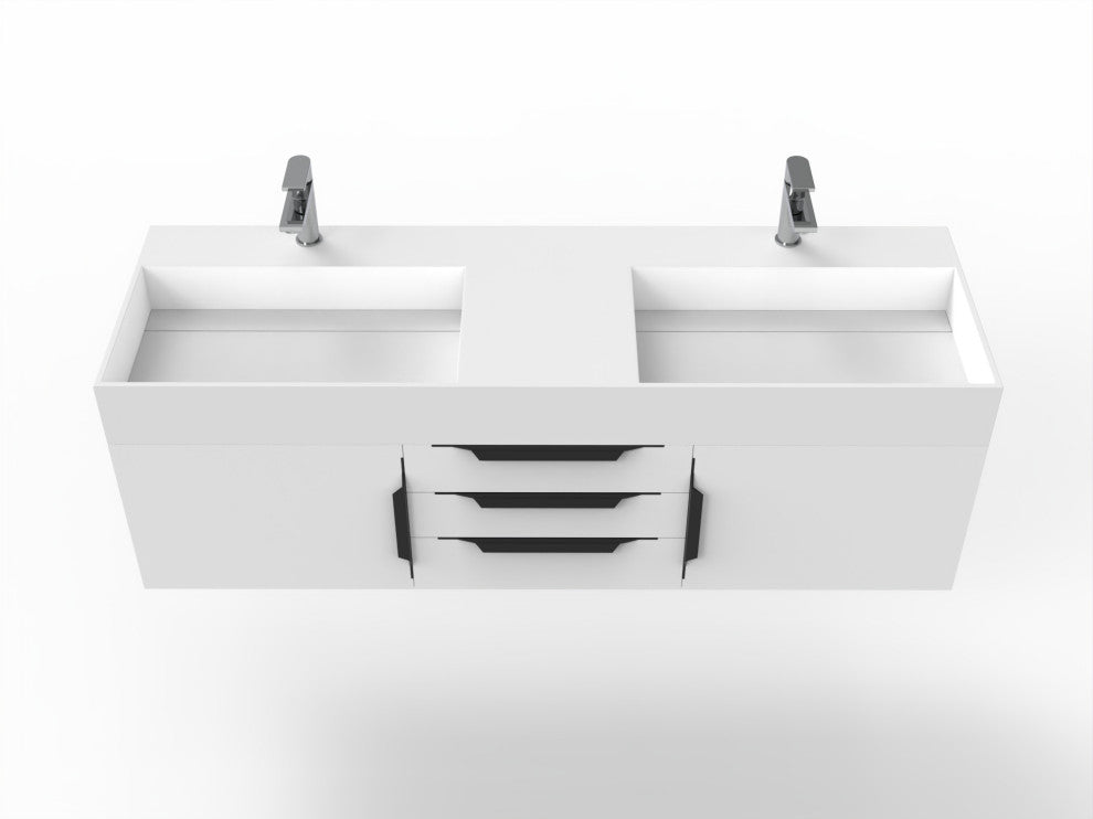 CastelloUSA Amazon 60" Wall Mounted Bathroom Vanity Set, White, White Top, Black Handles