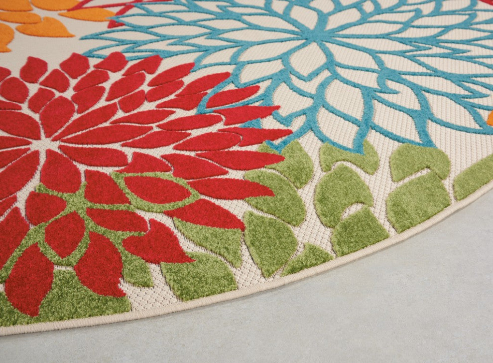 8' Round Green And Ivory Round Floral Indoor Outdoor Area Rug