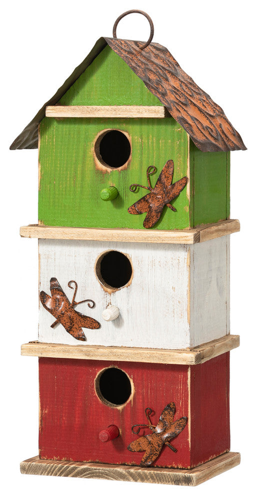 Three-Tiered Distressed Solid Wood Birdhouse