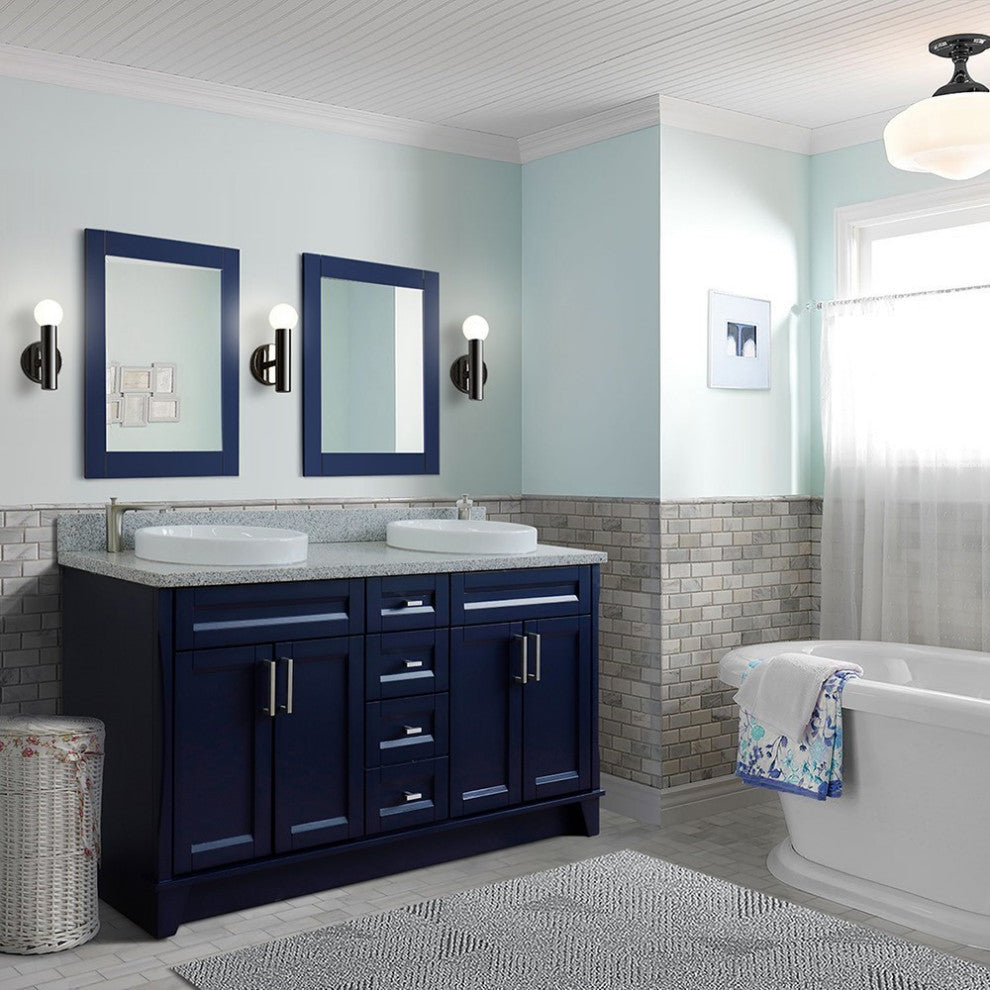 61" Double Sink Vanity, Blue Finish And Gray Granite And Round Sink