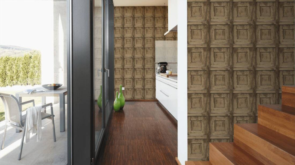 Loft Nature Textured Wallpaper, Wooden Door Boxes, Beige Light Brown, One Roll