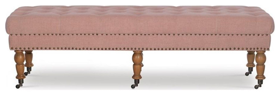 Linon Isabelle Upholstered 62" Long Bench Wood Legs in Washed Pink Linen Fabric