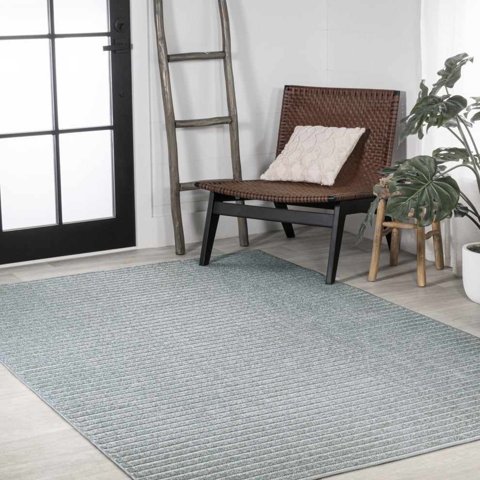 Aarhus High-Low Scandi Striped Blue/Ivory 8 ft x 10 ft Indoor/Outdoor Area Rug