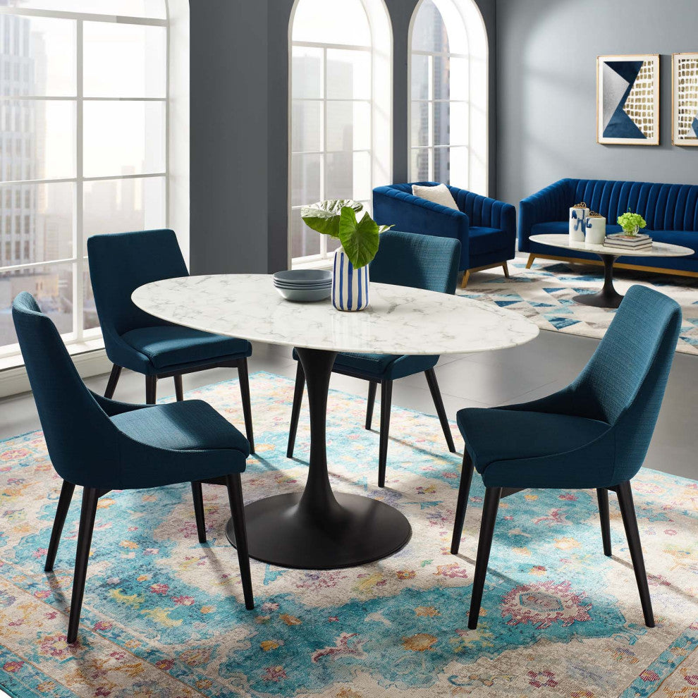 Modern Room Oval Dining Table, Artificial Marble Stone Metal, Black White