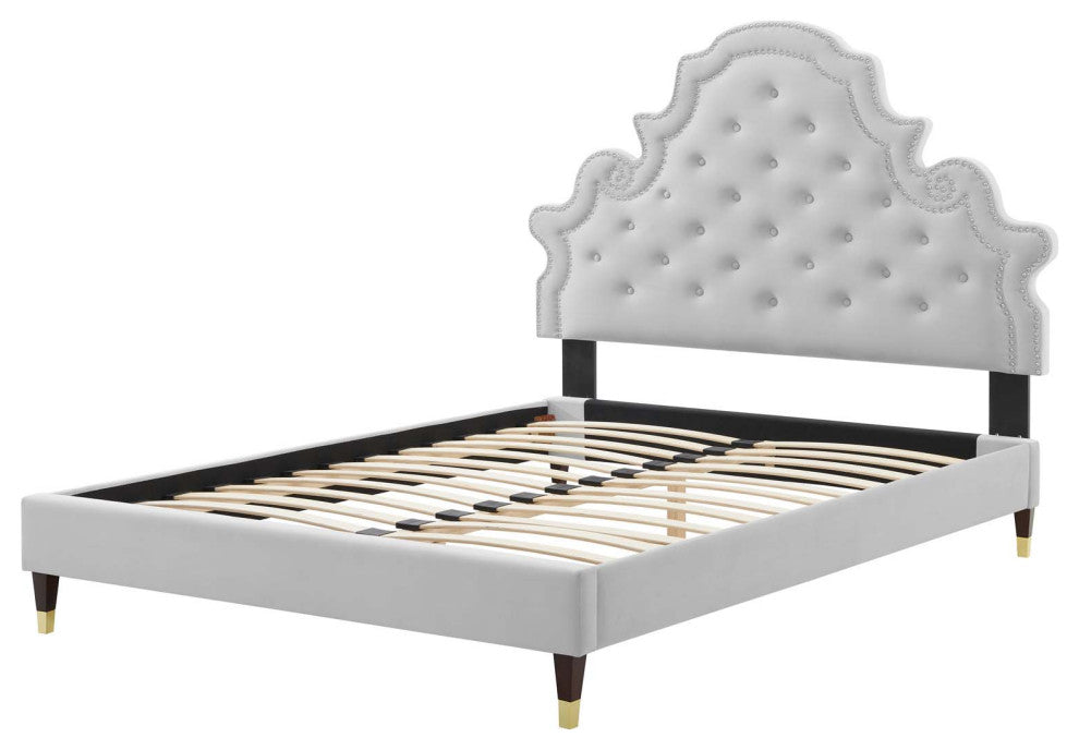 Tufted Platform Bed Frame, Queen Size, Velvet, Gray, Modern Contemporary