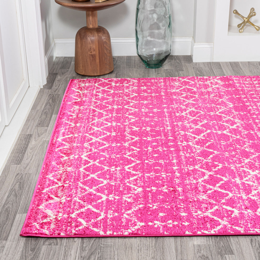 Moroccan HYPE Boho Vintage Diamond Runner Rug, Fuchsia/Ivory, 3 X 5