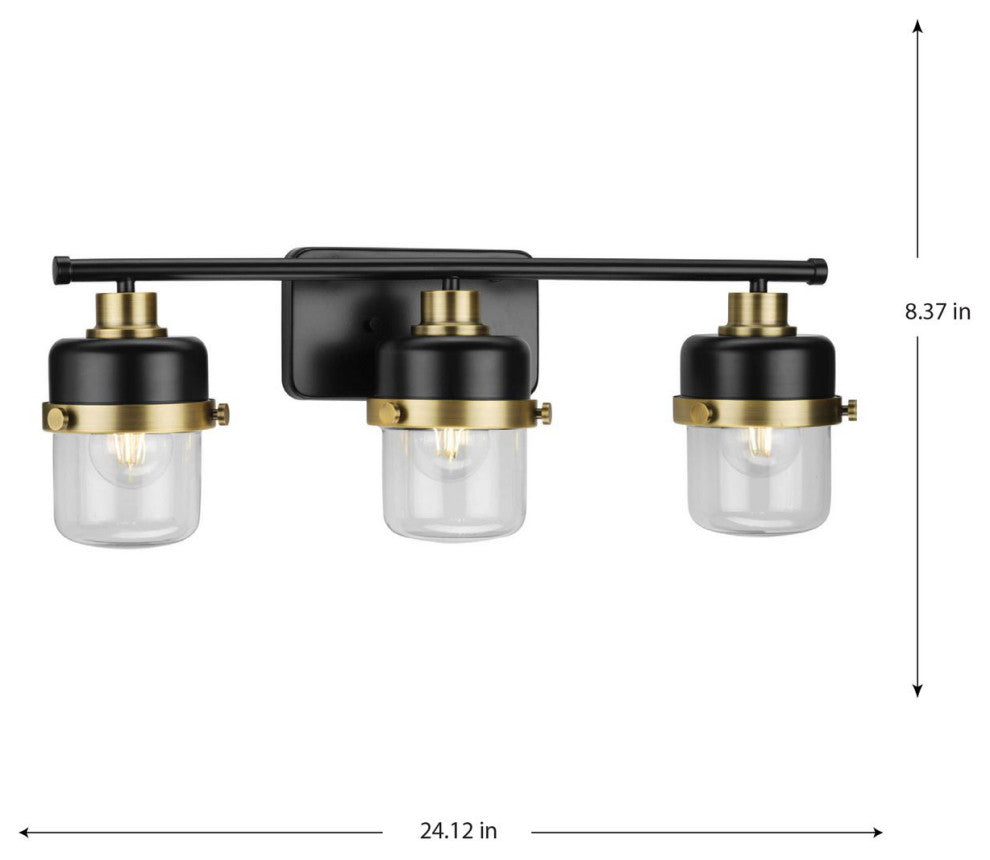 Beckner 3-Light Matte Black Clear Glass Bath Light With Vintage Brass Accents