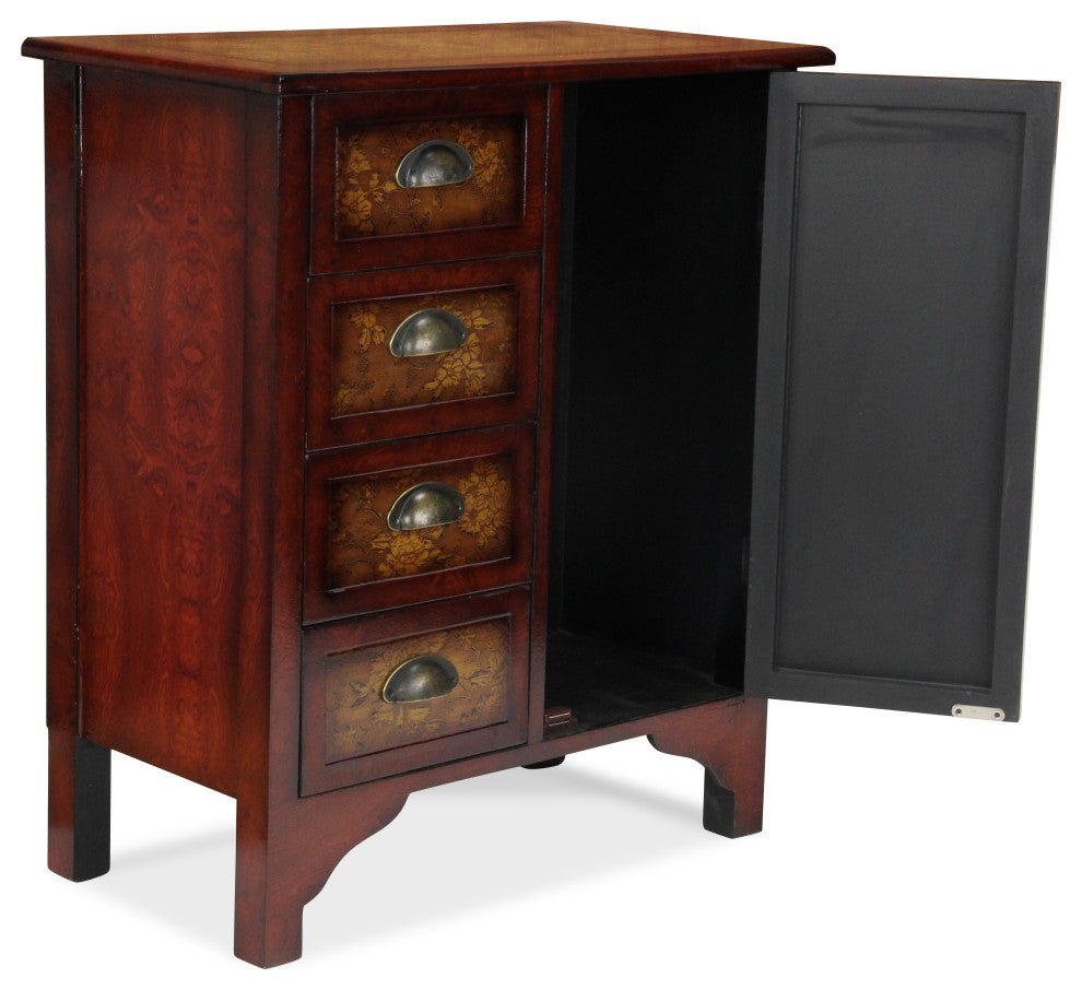 Wooden Cabinet With 4-Drawers, 1-Door, Burlwood Veneer