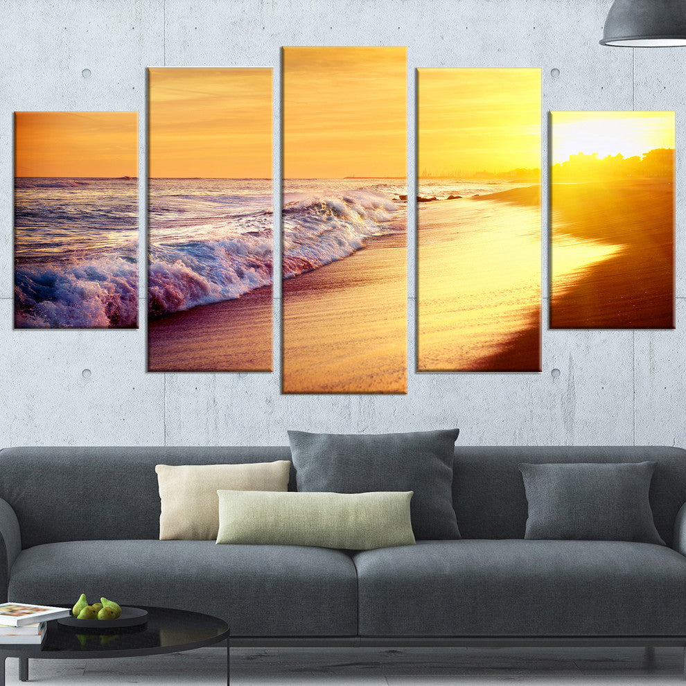 "Bright Yellow Sky With Foam Waves" Seashore Wall Art, 5 Panels, 60"x32"