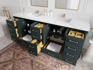 Aberdeen 84 Double Sink Bath Vanity Dark Forest Green 2" Carrara Quartz