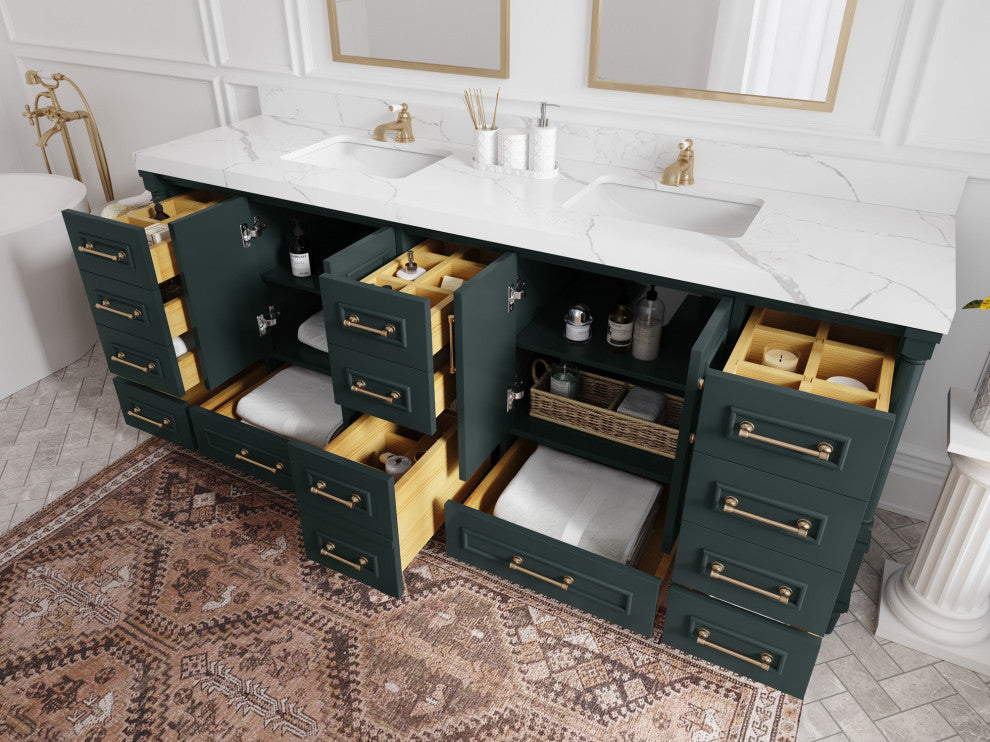Aberdeen 84 Double Sink Bath Vanity Dark Forest Green 2" Carrara Quartz