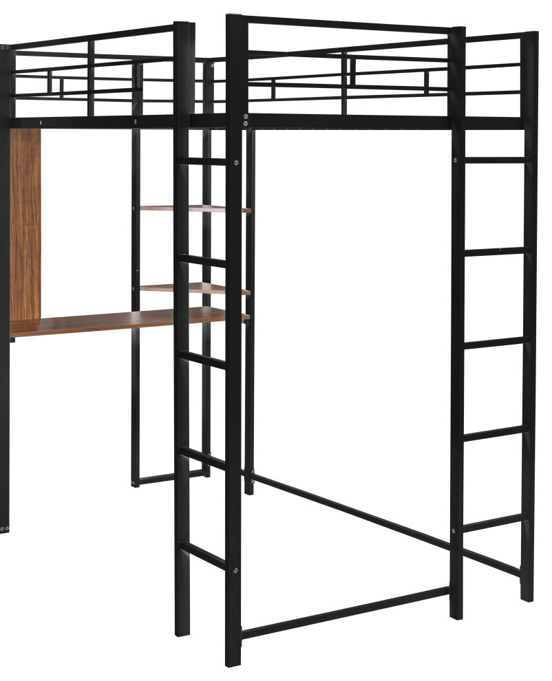 Gewnee Twin Metal Loft Bed with 2 Shelves and one Desk