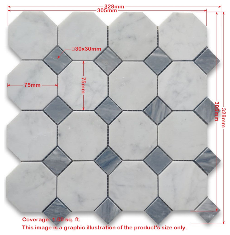 Thassos White Marble Octagon Mosaic Tile Sagano Green Dots Polished, 1 sheet