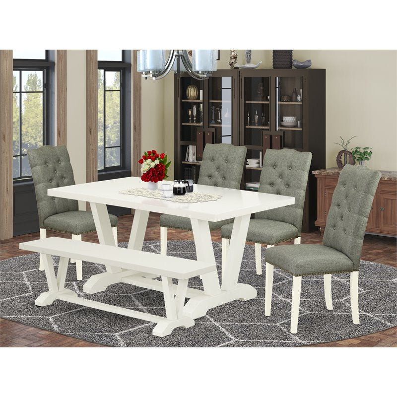 6-Piece Set, Smoke, Seat Chairs, Bench and Top Table, Linen White/Linen White