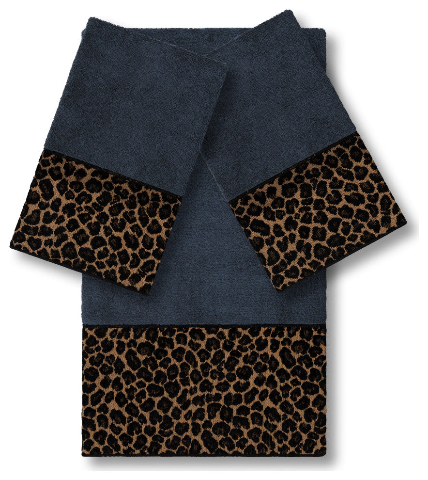 Linum Home Turkish Cotton Spots 3-Piece Embellished Towel Set, Midnight Blue