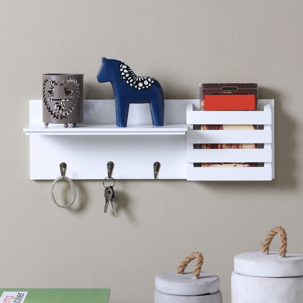 Danya B. Utility Shelf With Pocket and Hanging Hooks, White