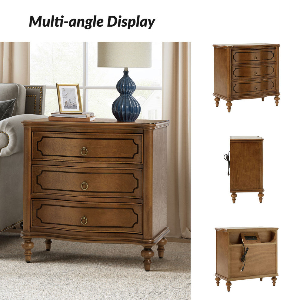 3-Drawer Nightstand With Solid Wood Legs & Built-In Outlets, Set of 2, Seadrift