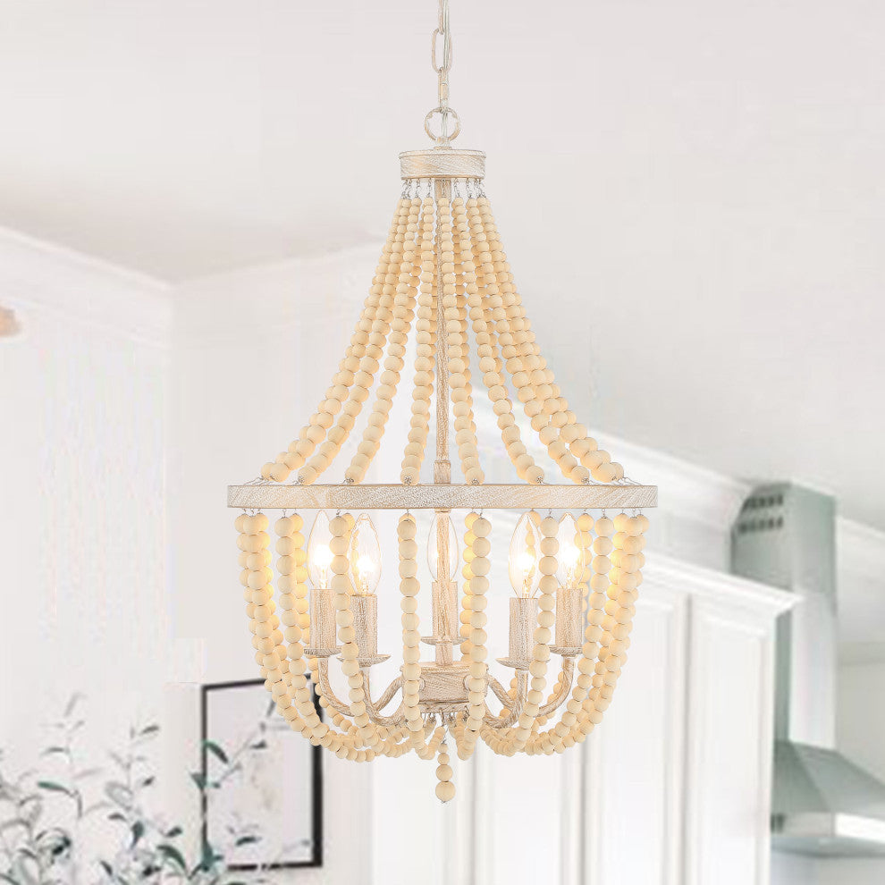 5 - Light Candle Style Empire Chandelier with Beaded Accents, White+gold